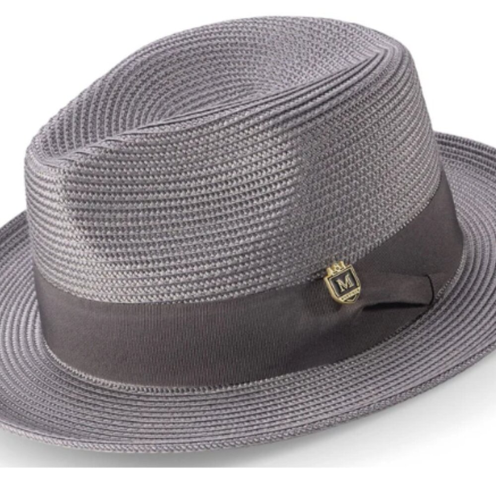 Grey Braided Wide Brim Pinch Crown Fedora Hat with Matching Grosgrain Ribbon. 42